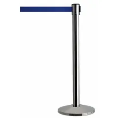 This retractable belt post barrier features a stainless steel post and base in silver, with a blue belt that has no pattern or legend. The belt extends to 7 1/2 ft, providing a visible barrier for pedestrian flow management and area delineation in public spaces such as airports, museums, retail stores, and event venues.