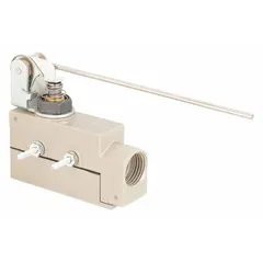 Maintained-action limit switch from the ZE series with a metallic body and plunger actuator. Features a 5.91-inch roller diameter and screw terminals for electrical connection. Used in industrial automation to detect the position of moving machinery parts in applications such as conveyor systems and packaging equipment.