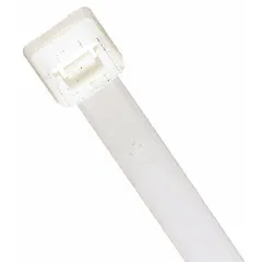 Natural nylon cable ties for indoor bundling and organizing wires, cables, and hoses. Each tie measures 18 inches in length, 0.3 inches in width, and accommodates a maximum bundle diameter of 4.5 inches. Sold in a pack of 50. Not rated for outdoor use.