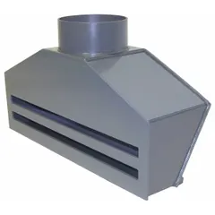 Two-slot intake fume hood constructed of PVC for corrosion resistance. Designed for 6-inch duct diameter with a 6 5/8-inch inlet and 23 3/4-inch overall length. Used in ventilation systems to capture airborne contaminants from laboratory or industrial processes.