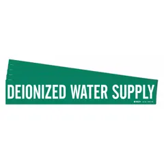 Green adhesive pipe marker with white legend text reading 'Deionized Water Supply'. Designed for pipe outer diameters of 8 inches and larger. Supplied without arrows in a 5-pack. Used to identify deionized water supply lines in industrial piping systems.