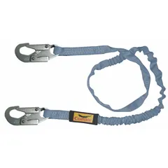 General fall protection lanyard constructed from tubular polyester webbing. Features steel snap hooks on both ends, a 310 lb capacity, and a visual load indicator. Suitable for connecting a worker's harness to an anchor point in elevated work environments.