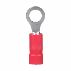 Red vinyl-insulated ring terminal for #10 stud size, accepting 22 AWG to 16 AWG wire. Rated 600 V. Funnel entry aids wire insertion. Used in electrical panels, control cabinets, and industrial machinery for secure connections.