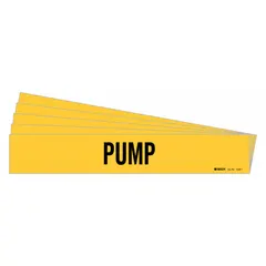 Yellow adhesive pipe marker with black legend text reading 'Pump'. Fits pipe outer diameters from 2-1/2 to 7-7/8 inches. Pack of 5 markers without directional arrows. Used to identify pump-related piping in industrial facilities.