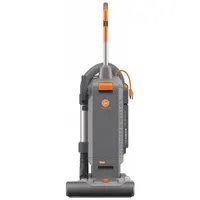 Corded upright vacuum with HEPA filtration and bagged collection. Features a 15-inch cleaning path, 152 cfm airflow, and a 5-position head height adjustment. Includes an onboard hose for above-floor cleaning. Weighs 18.5 lb. Suitable for cleaning carpets and hard floors in commercial or industrial settings