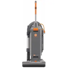 Corded upright vacuum with HEPA filtration and bagged collection. Features a 15-inch cleaning path, 152 cfm airflow, and a 5-position head height adjustment. Includes an onboard hose for above-floor cleaning. Weighs 18.5 lb. Suitable for cleaning carpets and hard floors in commercial or industrial settings.