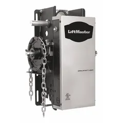 This LIFTMASTER hoist operator is a wall-mounted, left-hand unit with a 1/2 hp motor operating at 115V AC and a 2.3 to 1 drive ratio. It provides electric actuation with manual backup for lifting sectional doors, rolling doors, and other overhead doors in industrial and commercial settings.