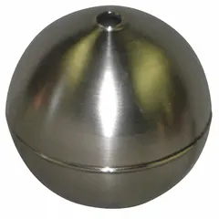Cylindrical stainless steel float with a 3/8 in through-tube design and 3/8 in thread size. Used for liquid level sensing and control in industrial tanks, reservoirs, and process equipment. The through-tube configuration allows mounting on a guide rod for reliable actuation of mechanical or magnetic switches.