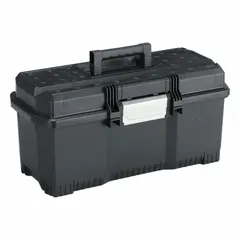 This plastic tool box from DEWALT measures 24 inches wide, 11-3/8 inches deep, and 11-5/16 inches high. It features a hinged lid with an Auto-Latch closure for secure storage. The black and yellow design is suitable for organizing and transporting hand tools, power tools, and accessories on job sites or in workshops.