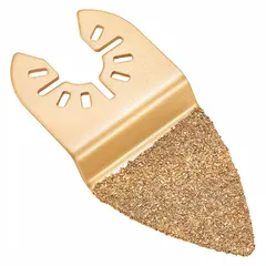 Carbide grit scraper blade for oscillating tools. Straight shape with 3 in length and 1 3/8 in width. Open-back universal OIS mount fits most multi-tools. Used for removing adhesives, paint, caulk, and floor coverings from flat surfaces.