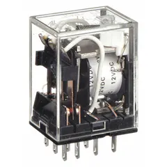 Plug-in relay from the MY Series with a square base and flat pins. Features 3PDT contact configuration, 11 quick-connect terminals, 12V DC coil, 5 A current rating, and 2 A operating current at 220V AC for inductive loads. Used for switching industrial loads in control panels and automation systems.