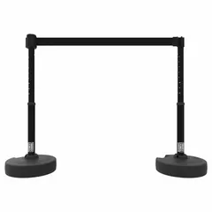 This retractable belt barrier system includes two black posts with a 15-foot black belt that has no pattern or message. The 42-inch post height and receiver head allow quick setup for crowd control, lane separation, or hazard delineation in industrial and commercial environments.