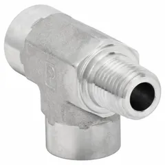 This steel hydraulic hose adapter features a 1 1/4 in x 1 1/4 in x 1 1/4 in fitting size with Female x Female x Male gender configuration and NPTF x NPTF x NPTF connection type. The rigid design is used to connect or adapt NPTF-threaded components in fluid power systems, allowing branching or extending lines in hydraulic circuits.