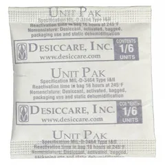 Tyvek desiccant bag for moisture protection in enclosed spaces. Each 7 g bag protects 0.03 cu ft. Bag dimensions: 2 1/8 in wide by 2 1/8 in long. Supplied in a pail of 1,200 pieces.