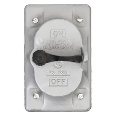 Gray malleable iron weatherproof cover for FS series boxes. Designed for vertical mounting and compatible with square handle tumblers and toggle switches. Protects controls in outdoor or damp locations.