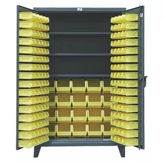 Assembled steel cabinet with baked enamel finish, three shelves, and 164 yellow bins. Each bin measures 7 in x 8-1/4 in x 14-3/4 in. Designed for organizing small parts, tools, and components in industrial storage environments.