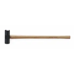 This sledge hammer features an 8 lb steel head with a 2 3/8 in diameter striking face and a 35 in wood handle with plain grip. It is used for heavy striking tasks such as driving stakes, breaking concrete, and demolition work.