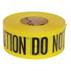 Yellow polyethylene barrier tape with black 'Caution Do Not Enter' legend. 3 inches wide, 500 feet long. Used to cordon off restricted areas and warn personnel of hazards in industrial and construction environments.