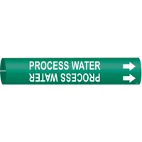 Green snap-on pipe marker with white legend reading 'Process Water' and directional arrows. Fits pipe outer diameters from 1-1/2 to 2-3/8 inches. Used to identify process water lines in industrial piping systems