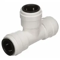 This polysulfone push-to-connect tee adapter has three ports, each 3/4 in OD, allowing three-way branch connections in tubing systems. It is used in plumbing, instrumentation, and fluid-handling applications where a leak-free joint is needed without tools or soldering