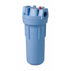 Polypropylene housing for general-purpose water pre-filter cartridges. Reduces sediment. Features 3/4-inch NPT connections and a 4 gpm flow rate. Overall height 12 1/2 inches. Color: Blue.
