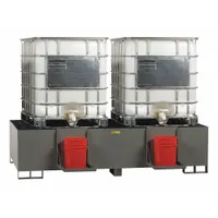 This IBC tote dispensing system provides secondary containment for fluid transfer operations. It accommodates standard IBC totes and includes a drain for easy liquid removal. The unit is suitable for industrial facilities requiring spill containment during dispensing of chemicals or other fluids