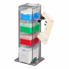 Clear PETG benchtop organizer for storing up to four boxes of pipette tips. Measures 16 inches high by 5 3/4 inches long. Allows visual inventory checks. Suitable for laboratory tip management.