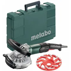 This METABO angle grinder is a bare-tool unit for grinding and milling concrete and masonry. It accepts 5-inch diameter wheels, operates on 120V AC with a 15 A mechanical drive, and has a maximum speed of 8,200 RPM. The overall length is 18 inches.