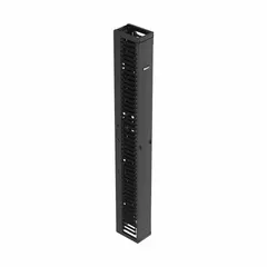 This vertical cable manager is constructed from steel with a black finish and includes a door. It provides 45U of capacity for routing and organizing cables in a single-sided configuration, suitable for use in network racks and enclosures where vertical cable management is required.