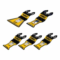 Set of 5 semi-circular blades with universal open-back connection for oscillating tools. Suitable for cutting, sanding, and scraping in confined areas, including plunge cuts in wood, drywall, and plastics, as well as grout and adhesive removal.