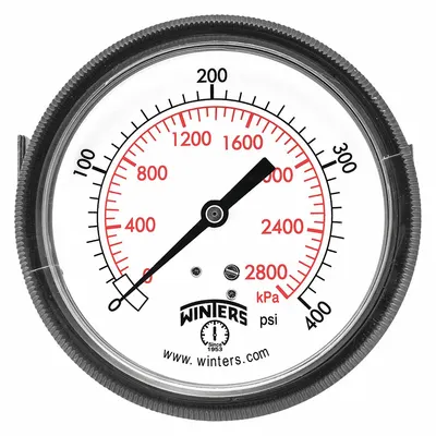 WINTERS Panel-Mount Pressure Gauge: U-Clamp, 0 psi to 400 psi, 3 1/2 in Dial, 1/4 in NPT Male - U-Clamp Panel-Mount with Brass/Bronze Wetted Parts