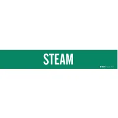 Green adhesive pipe marker with white legend reading 'Steam'. Fits pipe outer diameters from 2-1/2 to 7-7/8 inches. Supplied without arrows. Used for identifying steam piping systems in industrial facilities.