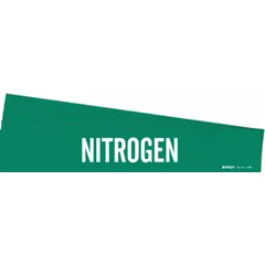 Green adhesive pipe marker with white 'Nitrogen' legend, designed for pipes with outer diameter from 2-1/2 to 7-7/8 inches. Pack of 5 markers without directional arrows, used to identify nitrogen piping in industrial facilities.