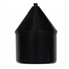 General-purpose tether float switch with narrow-angle operation, normally closed for pump-up applications. Rated 120/230V AC, 5A, 2-wire connection. Requires pipe clamp for mounting and counterweight installation. Used for level control in sump, sewage, and effluent systems.