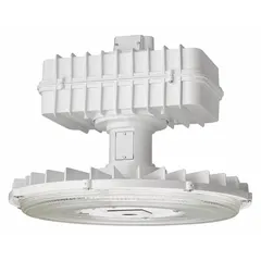 Round LED bay light delivering 19,179 lumens at 5000K color temperature. Operates on 120 to 277V AC and replaces 400W HPS/MH fixtures. Narrow distribution pattern for mounting heights of 20 ft to 40 ft. Suitable for high-bay applications such as warehouses and factories.