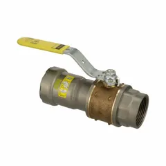 Bronze ball valve with straight body and locking lever handle for manual on/off flow control. Rated for a maximum working pressure of 125 psi (CWP). Suitable for use in water, oil, or gas piping systems requiring secure shut-off.