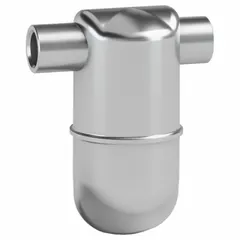 Inverted bucket steam trap for condensate removal from steam lines. Stainless steel construction with 1-inch FNPT connection. Maximum capacity 1500 lb/hr, maximum pressure 650 psi, maximum temperature 600°F. Horizontal in-line installation; strainer not included.
