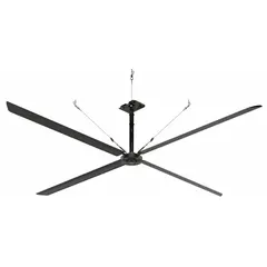 Industrial HVLS ceiling fan with 18 ft blade diameter, delivering high-volume airflow for large spaces. Operates on single-phase 240V AC, 6.5 A, with variable speed control. Suitable for warehouses, distribution centers, and manufacturing facilities.