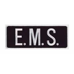 Embroidered insignia with E. M. S. lettering in blue and white on a plastic base. Measures 11 inches by 4 inches. Attaches by sewing onto fabric. Used for identification on uniforms, bags, or gear in emergency medical services contexts.