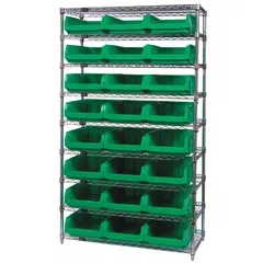 QUANTUM STORAGE SYSTEMS Bin Shelving: 42 in x 18 in x 74 in, 1 Sided, 18 Bins, Open, Gray, 7 Shelves (MPN WR7-532GN). Key specifications — Includes Bins: Yes; Bin Material: Polypropylene; Frame Color: Silver; Bin HxWxD: (18) 7-7/8 in x 12-3/8 in x 19-3/4 in; Frame Material: Steel; Bin Color: Gray; Bin Style: Hang and Stack; Brand: QUANTUM STORAGE SYSTEMS.