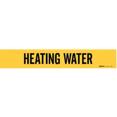 Yellow adhesive pipe marker with black legend reading 'Heating Water'. Fits pipes with outer diameter 2-1/2 to 7-7/8 inches. Supplied without directional arrows. Used to identify heating water piping in industrial and commercial facilities.