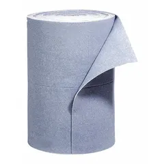 This blue recycled-content sorbent roll measures 30 inches wide by 150 feet long. It is used for absorbing industrial fluid spills, leaks, and drips in maintenance, manufacturing, and processing facilities.