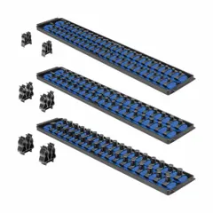 Socket tray with 114 clips for organizing sockets. Overall width 4 in. Blue color. Suitable for use in workshops and garages to keep sockets sorted and accessible.