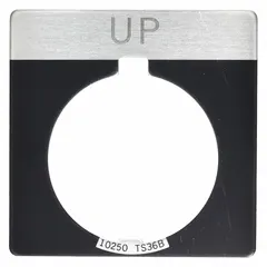 Square legend plate for 30 mm panel mounting push-button actuators. Overall height and width of 1 3/4 in. Constructed of black metallic aluminum with white English text and Up marking. Used to label operator controls in industrial control panels and machinery.