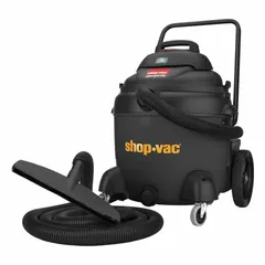 This SHOP-VAC wet/dry vacuum features a 22-gallon plastic tank that resists corrosion and is lightweight. It includes a 1-1/2 inch diameter, 12-foot hose and a push handle for easy maneuverability. Suitable for general-purpose industrial cleanup of wet spills and dry debris in workshops and plants.