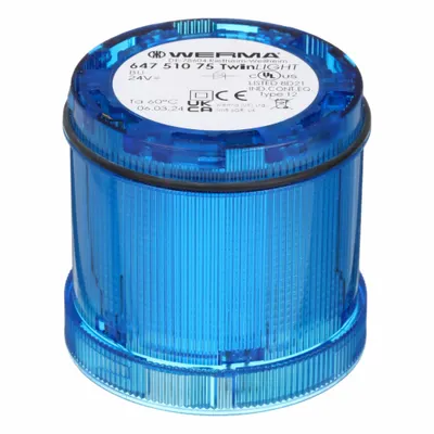 WERMA Tower Light Module: Flashing/Steady, 24V AC/24V DC, Blue, 70 mm Overall Dia - Flashing Light Modules