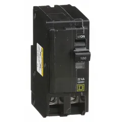 Single-phase, 2-pole miniature circuit breaker rated 100 A at 120/240V AC with a maximum interrupting rating of 22kA. Part of the QO Series for plug-in installation in QO Load Centers and NQ Panelboards. Provides overcurrent protection for branch circuits in electrical distribution systems.