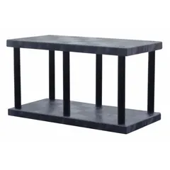 This fixed press-fit stationary shelving unit features a plastic frame and high-density polyethylene shelves, providing corrosion resistance. With two shelves measuring 48 inches by 24 inches and an overall height of 27 inches, it is suited for environments where moisture or corrosive agents would damage metal shelving.