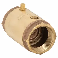 This inline check valve features a lead-free brass body and a spring-loaded poppet design that permits flow in one direction only, preventing backflow in piping systems. With 1 1/4 inch female NPT connections on both ends, it is suited for water, air, and light oil applications where reverse flow could cause damage or contamination.