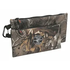 Set of two flat zippered tool bags made of polyester in a camouflage finish. Each bag measures 12 1/2 inches wide, 11/16 inches deep, and 7 inches high. Suitable for organizing and carrying hand tools, fasteners, and small parts in portable storage applications.